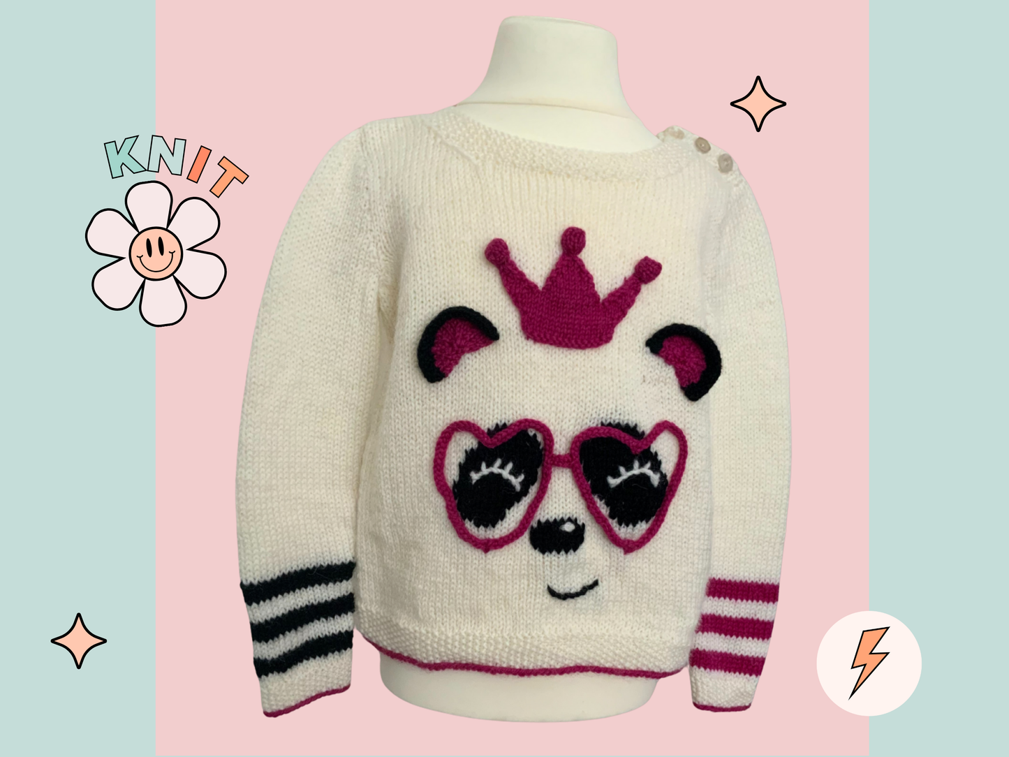 The perfect party ready pullover for the Panda loving Queen in your life. Say hello to your little one’s new favourite jumper. Sized to fit ages 1-9 years please see table in image section for full yarn and sizing requirements.
The sweater is knit from the bottom up and seamed, there is a small chart included for the panda eyes and nose which you can either work using the intarsia method or duplicate stitch if you prefer. Lengths of i-cord are knitted and shaped to form those fabulous love heart glasses an