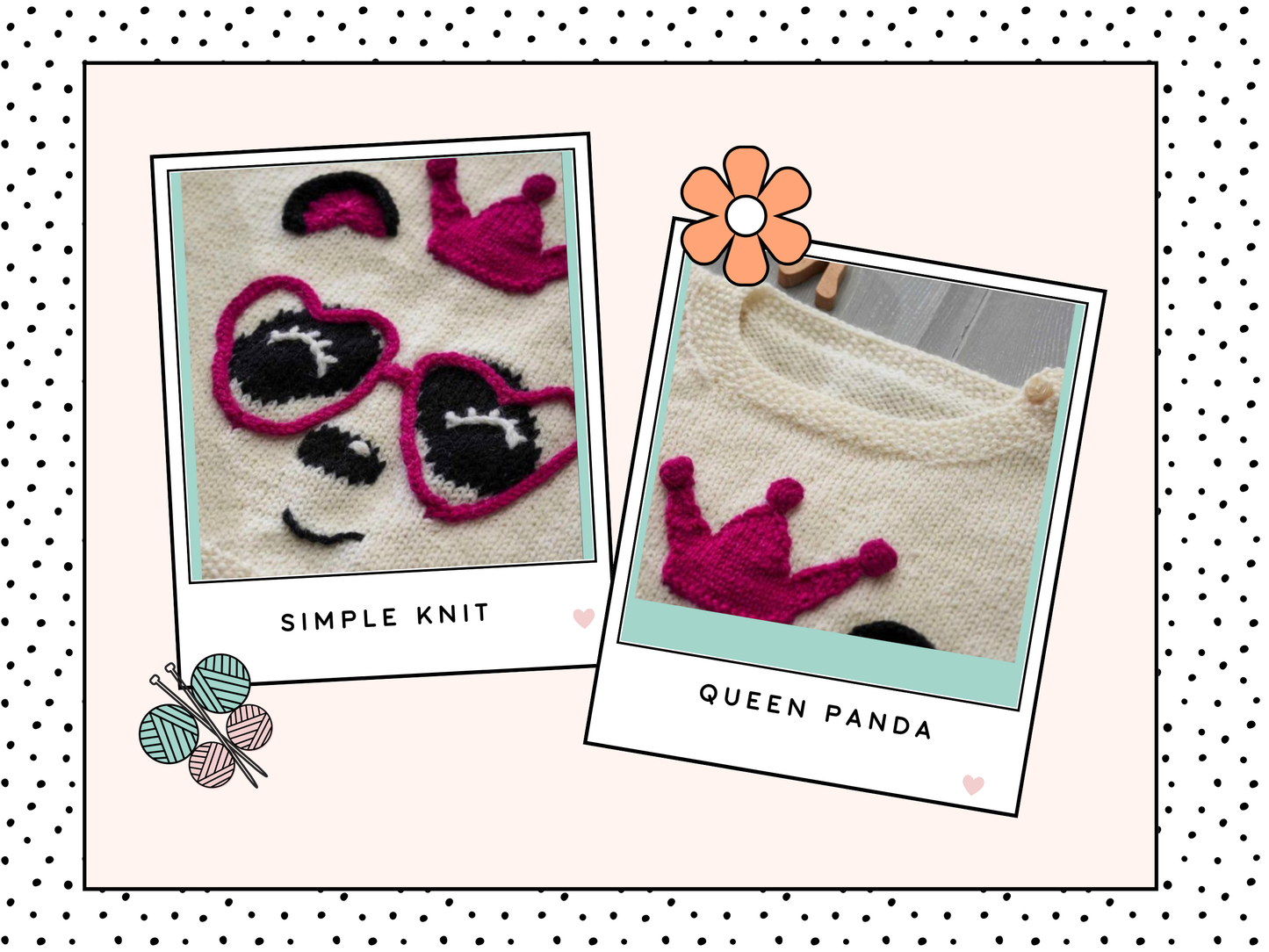 panda queen pullover, kids panda sweater with crown and love heart glasses knitting pattern
