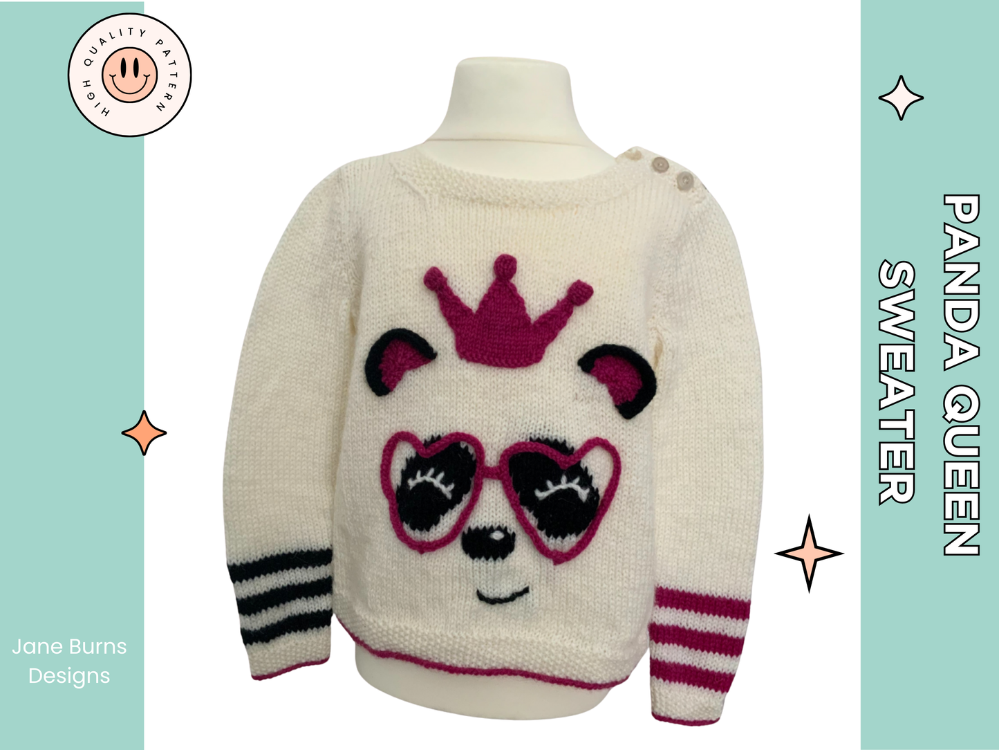 The perfect party ready pullover for the Panda loving Queen in your life. Say hello to your little one’s new favourite jumper. Sized to fit ages 1-9 years please see table in image section for full yarn and sizing requirements.
The sweater is knit from the bottom up and seamed, there is a small chart included for the panda eyes and nose which you can either work using the intarsia method or duplicate stitch if you prefer. Lengths of i-cord are knitted and shaped to form those fabulous love heart glasses an
