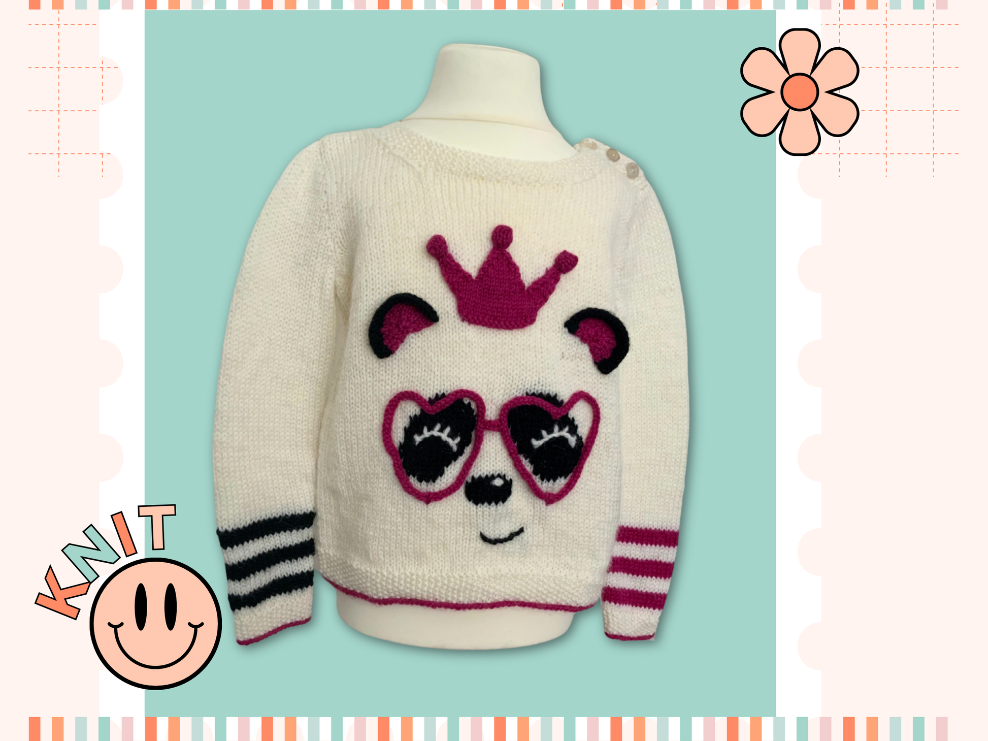 The perfect party ready pullover for the Panda loving Queen in your life.  Say hello to your little one’s new favourite jumper. Sized to fit ages 1-9 years please see table in image section for full yarn and sizing requirements.
The sweater is knit from the bottom up and seamed, there is a small chart included for the panda eyes and nose which you can either work using the intarsia method or duplicate stitch if you prefer. Lengths of i-cord are knitted and shaped to form those fabulous love heart glasses an