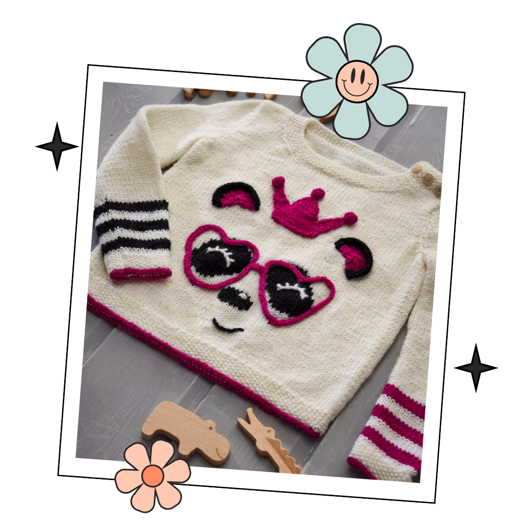 panda queen pullover, kids panda sweater with crown and love heart glasses knitting pattern