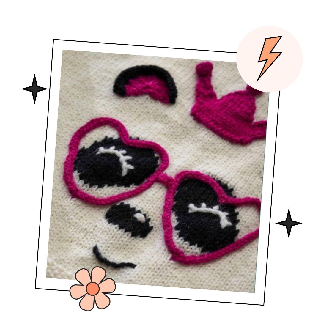 The perfect party ready pullover for the Panda loving Queen in your life. Say hello to your little one’s new favourite jumper. Sized to fit ages 1-9 years please see table in image section for full yarn and sizing requirements.
The sweater is knit from the bottom up and seamed, there is a small chart included for the panda eyes and nose which you can either work using the intarsia method or duplicate stitch if you prefer. Lengths of i-cord are knitted and shaped to form those fabulous love heart glasses an
