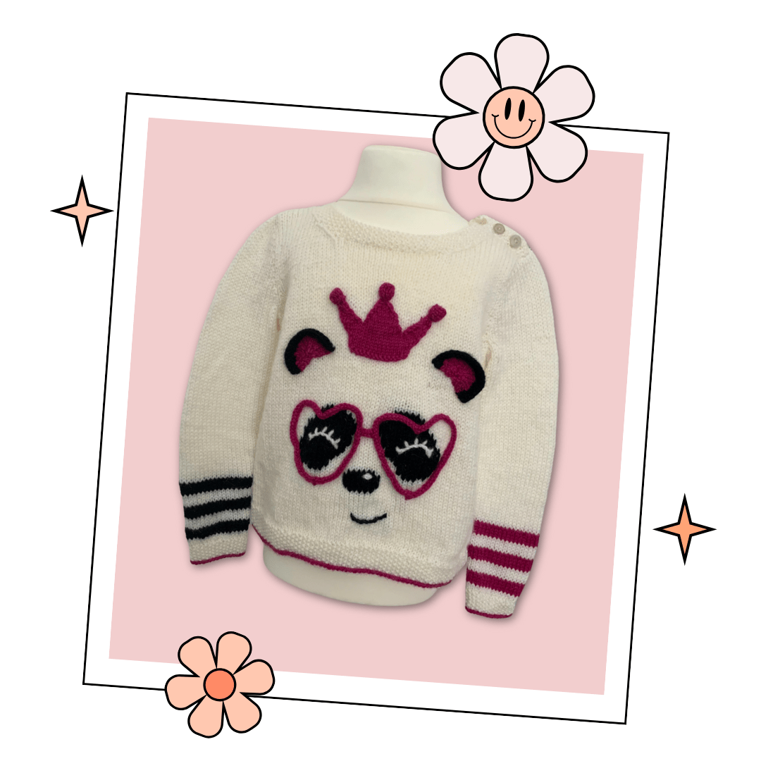 Panda Queen, Kids Panda Pullover for Party Princesses - Panda Jumper Knitting Pattern - GarmentsJane Burns Designs