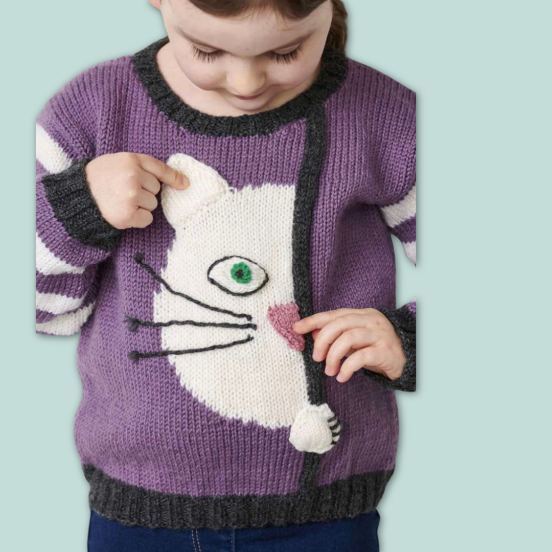 peek a boo kitty, cat jumper knitting pattern by jane burns, kids sweater knitting pattern download
