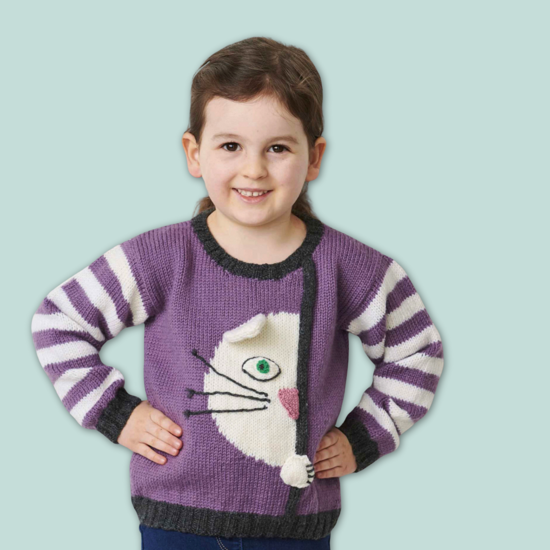 peek a boo kitty, cat jumper knitting pattern by jane burns, kids sweater knitting pattern download