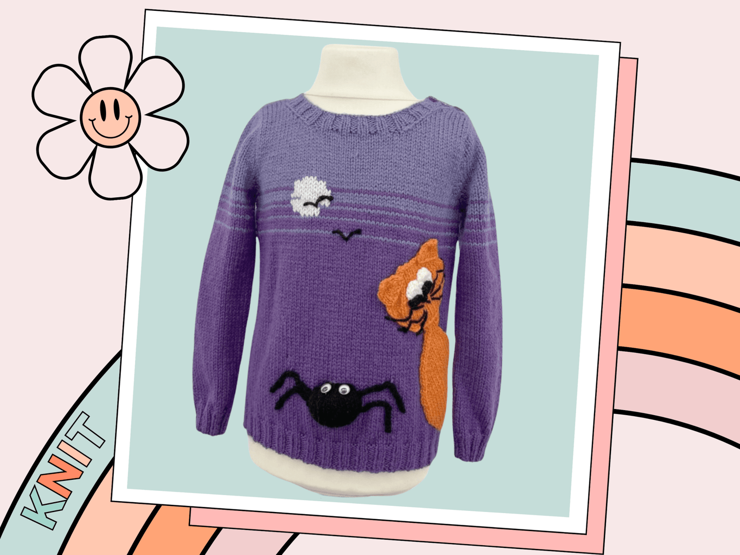 Scaredy Cat, Kids Halloween Cat & Spider Sweater - Knitting Pattern - GarmentsJane Burns Designs