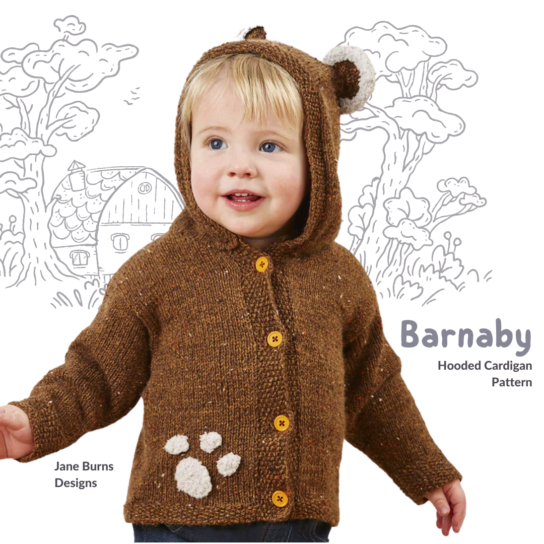barnaby bear, baby teddy bear hooded cardigan, knitting pattern with ears and paw print, pdf download  jane burns