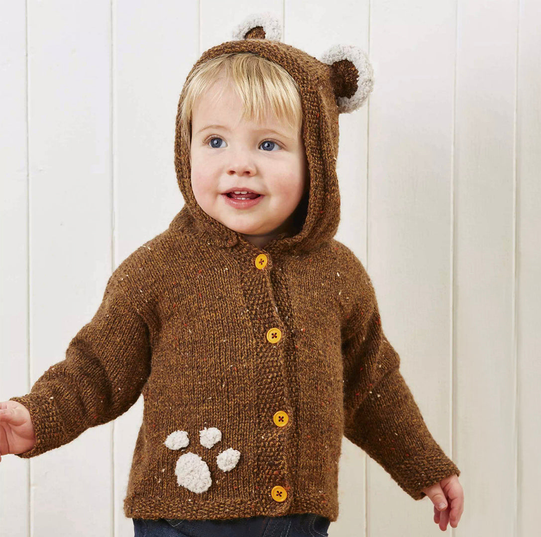 barnaby bear, baby teddy bear hooded cardigan, knitting pattern with ears and paw print, pdf download  jane burns