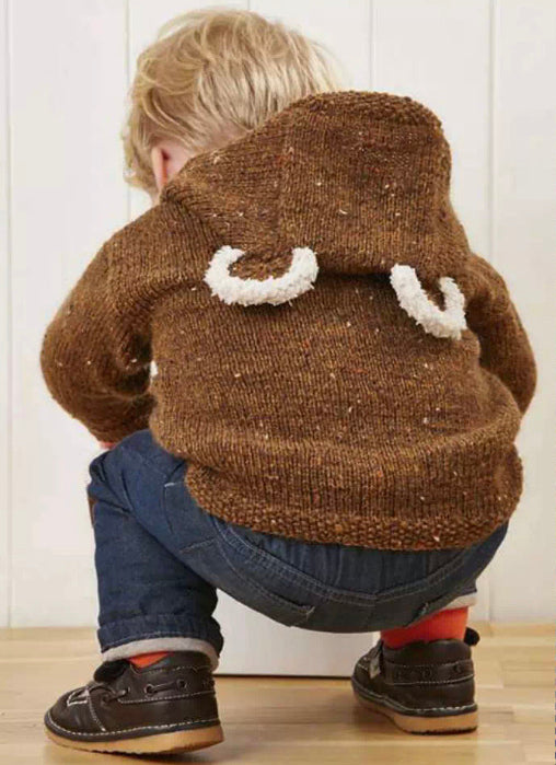 barnaby bear, baby teddy bear hooded cardigan, knitting pattern with ears and paw print, pdf download  jane burns