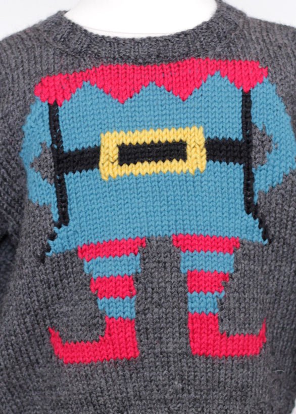 Elf Yourself, Kids Christmas Elf Jumper - Intarsia Knitting Pattern - GarmentsJane Burns Designs