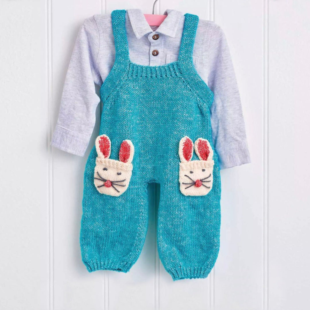 Snowball bunny pants jane burns, baby dungarees romper knitting pattern with rabbit pocket motif