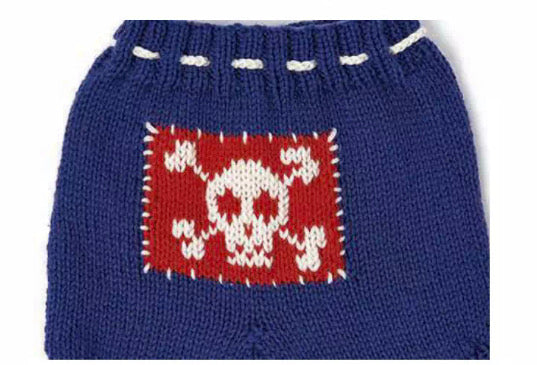 knitting pattern for baby hat and shorts set, pirate eye patch on the baby beanie hat and pirate flag motif on the baby knitted shorts, jane burns knitting pattern download