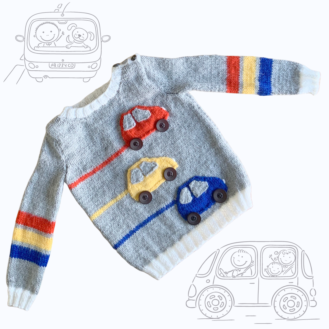 Racing car, baby sweater, car sweater for baby, knitting pattern for baby jumper with cars. Jane Burns