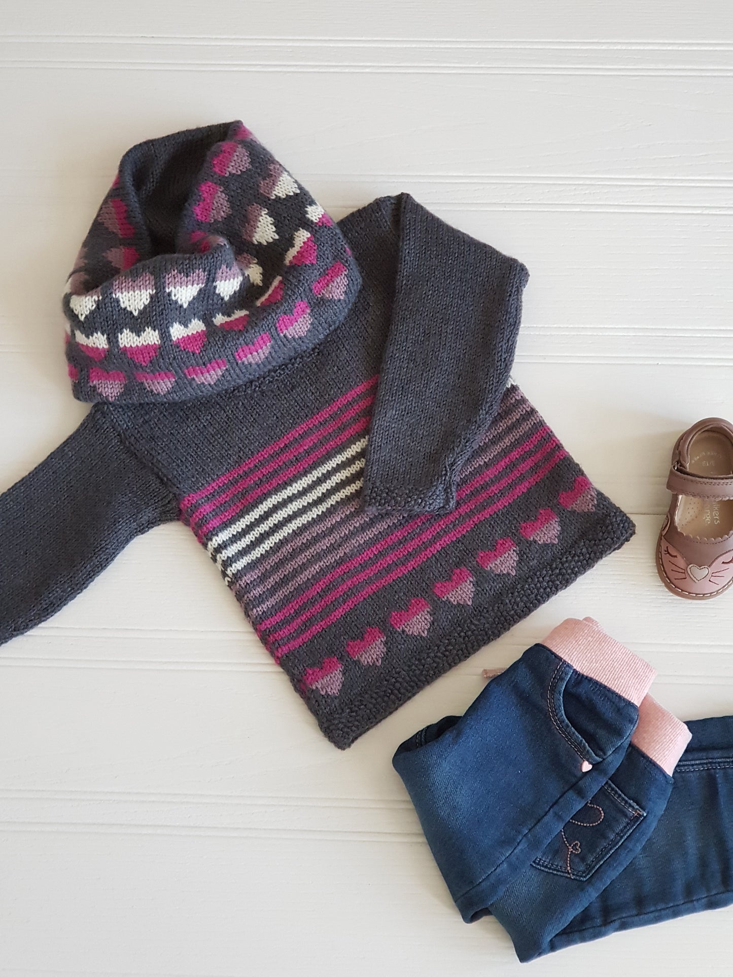 Love Heart Kids Sweater & Cowl Set - Knitting Pattern