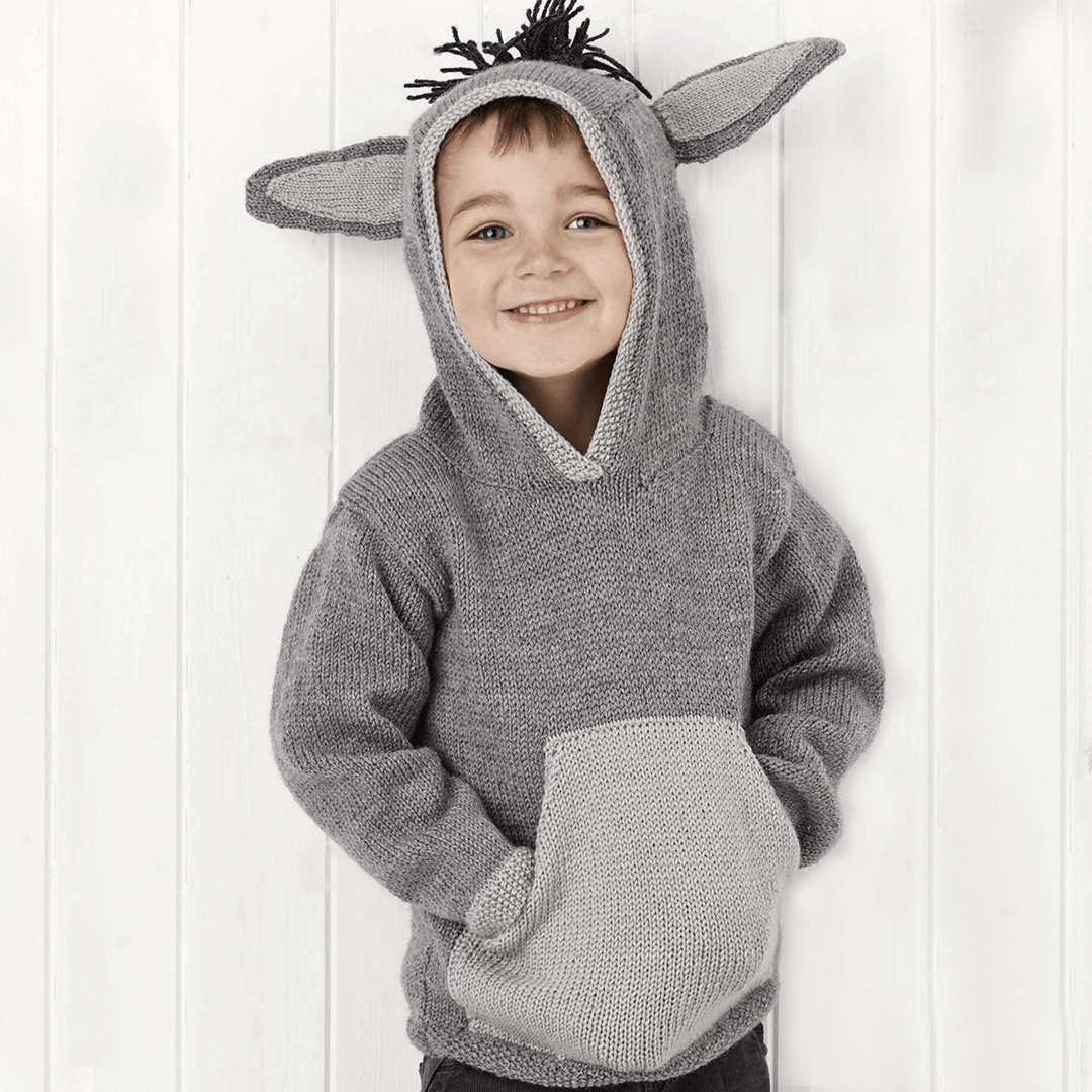 Donkey Hoodie, Kids Hooded Sweater with Donkey detailing - Knitting Pattern (PDF Download) - GarmentsJane Burns Designs