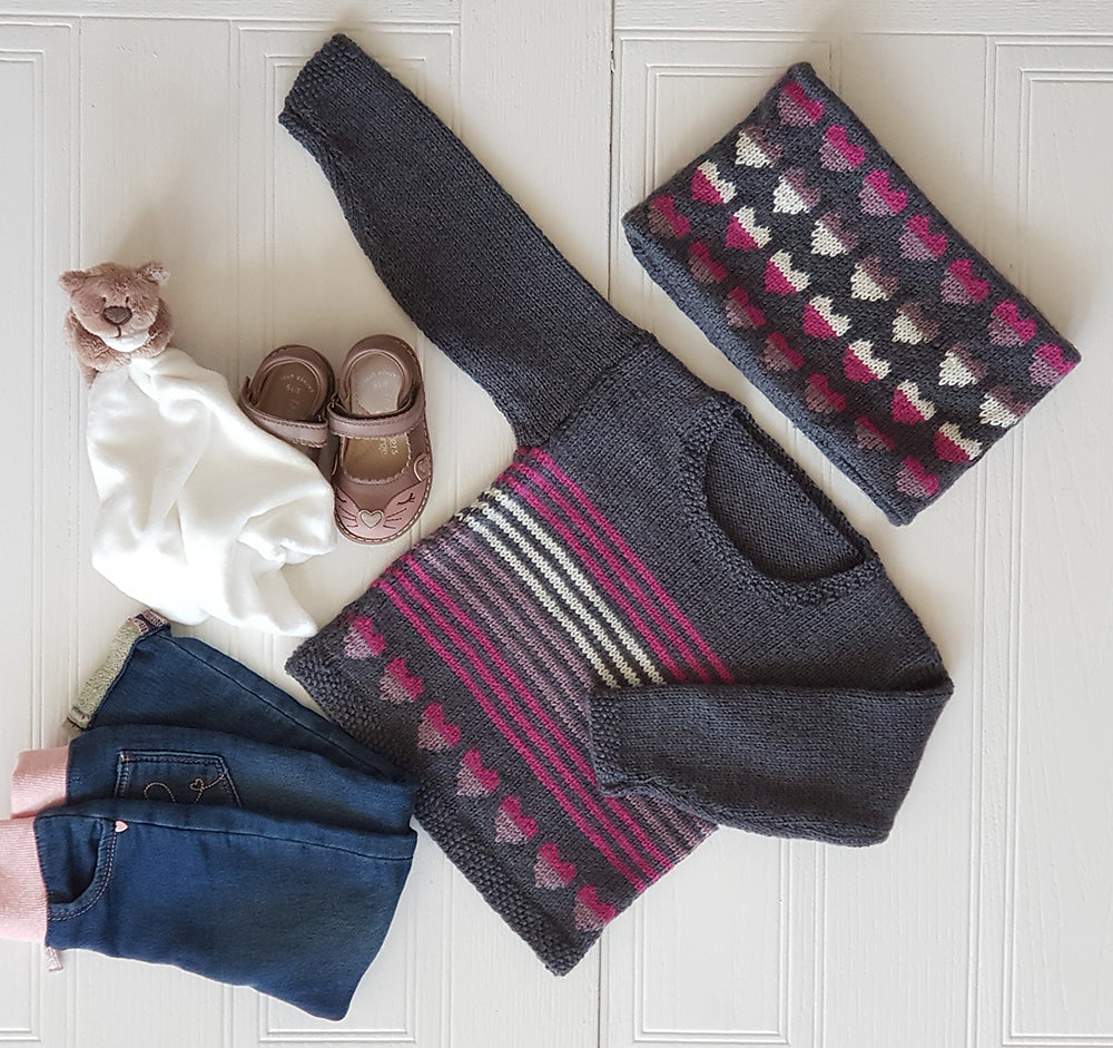 Love Heart Kids Sweater & Cowl Set - Knitting Pattern