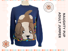 Load image into Gallery viewer, adult christmas jumper knitting pattern, large dog motif with a naughty puppy playing with fairly lights, size inclusive sweater knitting pattern, intarsia from Jane Burns
