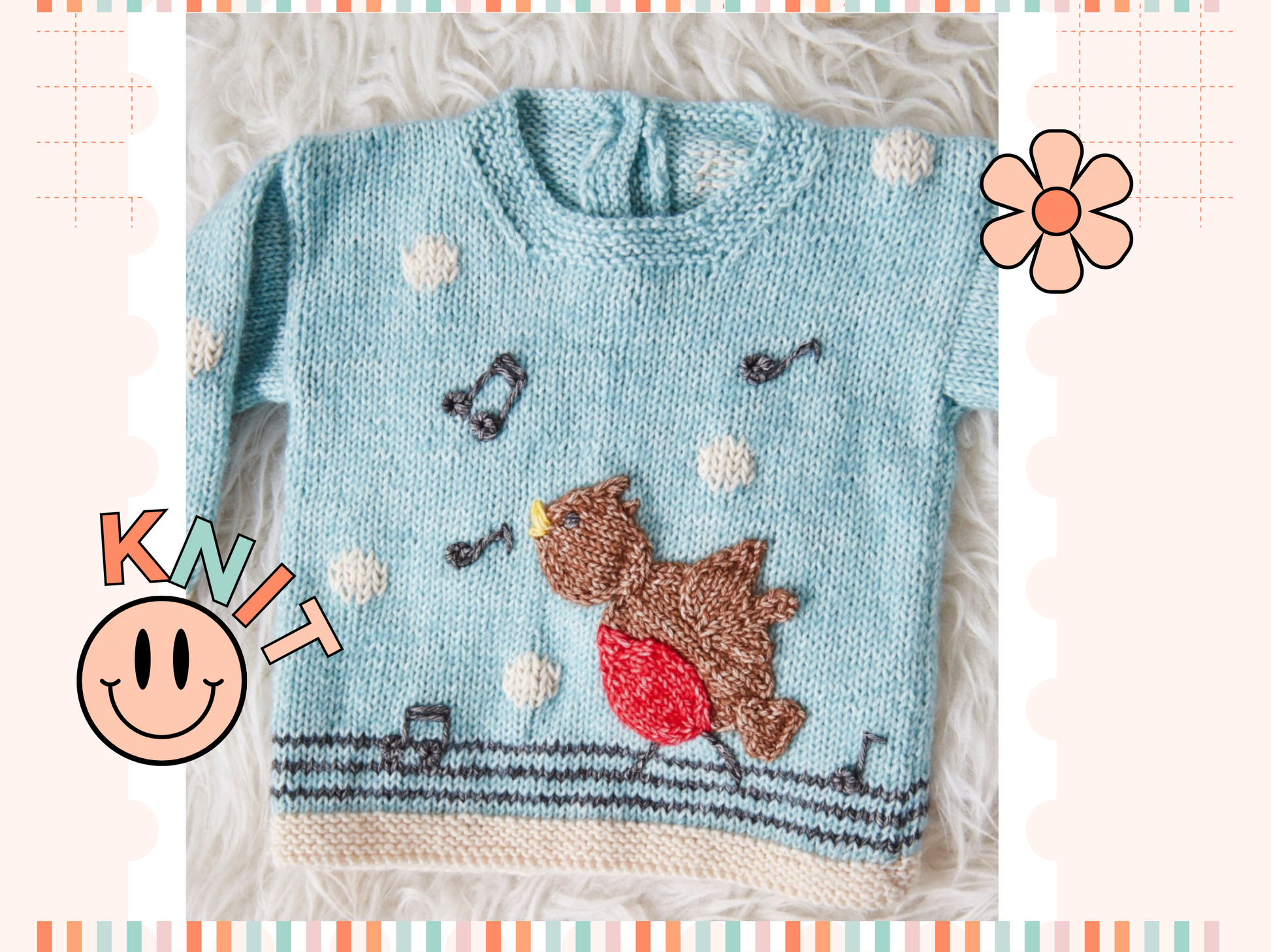 bobby the robin baby and toddler christmas pullover with a singing bird motif on the front, knitting pattern by jane burns