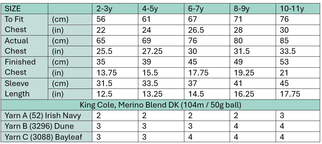 sizing chart and yarn requirements for stomp like a dino sweater knitting pattern by jane burns
