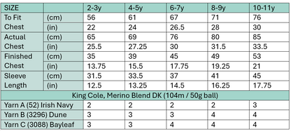 sizing chart and yarn requirements for stomp like a dino sweater knitting pattern by jane burns
