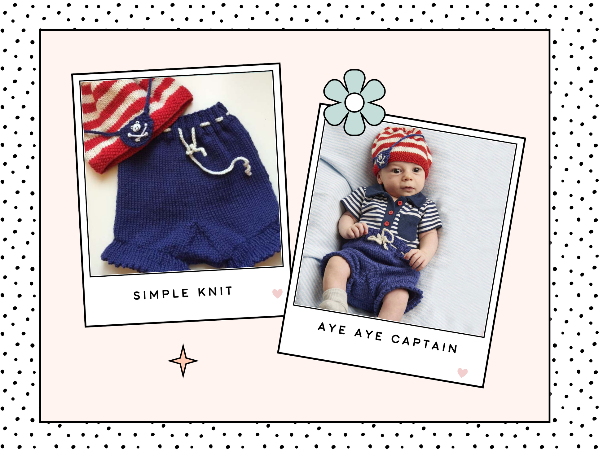 knitting pattern for baby hat and shorts set, pirate eye patch  on the baby beanie hat and pirate flag motif on the baby knitted shorts, jane burns knitting pattern download