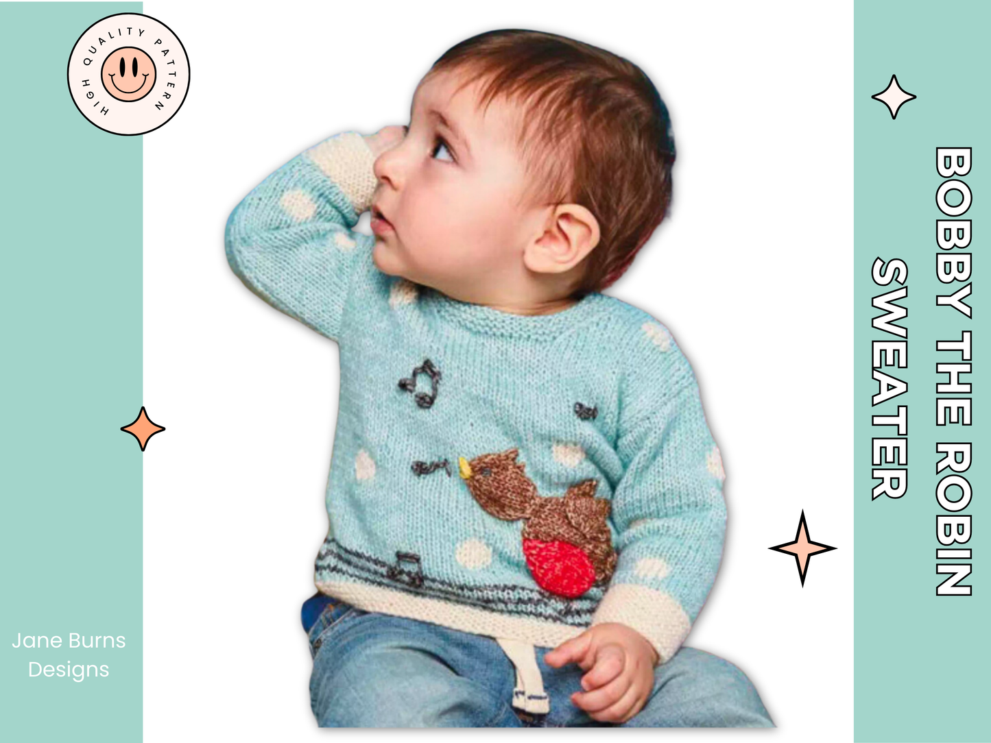 bobby the robin baby and toddler christmas pullover with a singing bird motif on the front, knitting pattern by jane burns