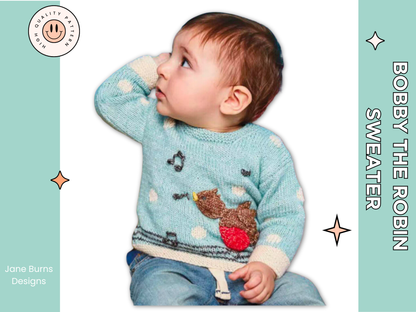 bobby the robin baby and toddler christmas pullover with a singing bird motif on the front, knitting pattern by jane burns