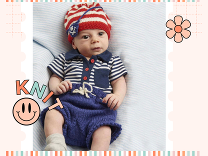 knitting pattern for baby hat and shorts set, pirate eye patch  on the baby beanie hat and pirate flag motif on the baby knitted shorts, jane burns knitting pattern download