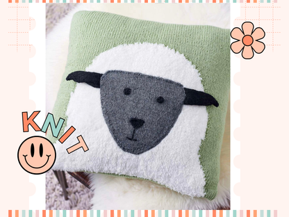 knitted cushion with a fluffy sheep, lamb on the front, knitting pattern download jane burns