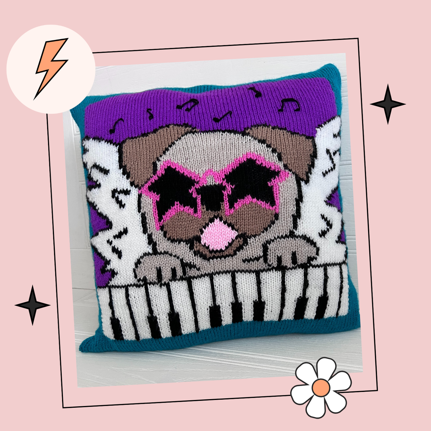 Elton Bone, Pug Dog Music Pun Cushion - Knitting Pattern