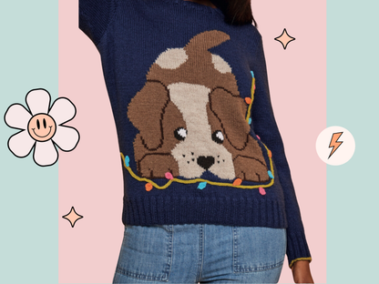 adult christmas jumper knitting pattern, large dog motif with a naughty puppy playing with fairly lights, size inclusive sweater knitting pattern, intarsia from Jane Burns