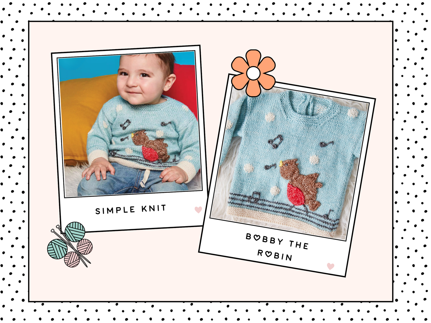 bobby the robin baby and toddler christmas pullover with a singing bird motif on the front, knitting pattern by jane burns