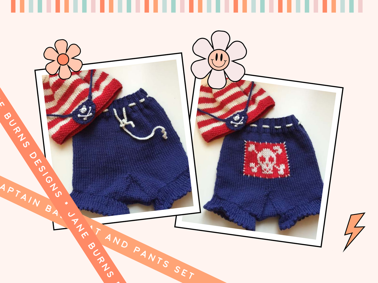 knitting pattern for baby hat and shorts set, pirate eye patch  on the baby beanie hat and pirate flag motif on the baby knitted shorts, jane burns knitting pattern download