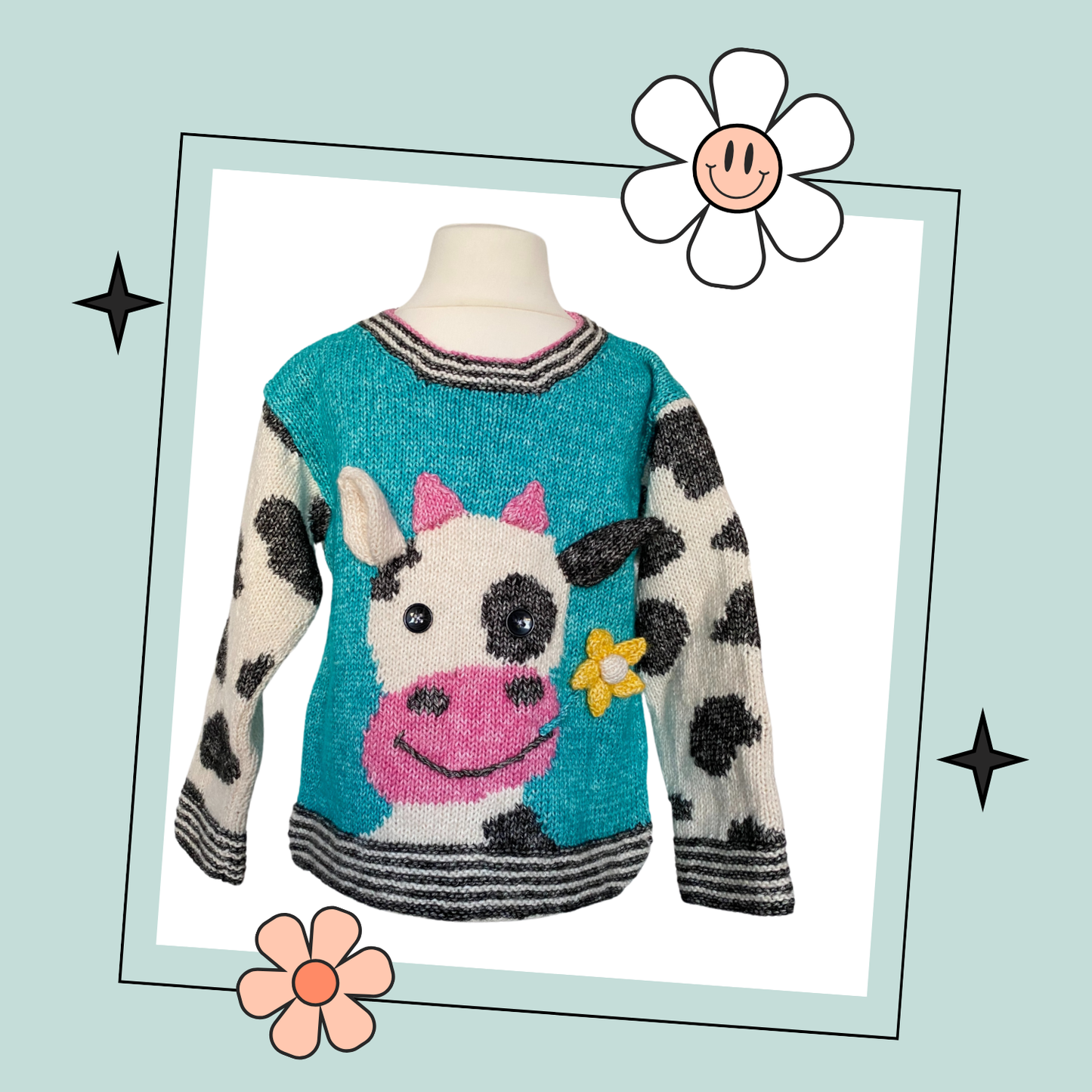 Daisy the Cow, Cow Print Intarsia Kids Sweater - Knitting Pattern