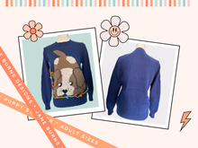 Load image into Gallery viewer, adult christmas jumper knitting pattern, large dog motif with a naughty puppy playing with fairly lights, size inclusive sweater knitting pattern, intarsia from Jane Burns
