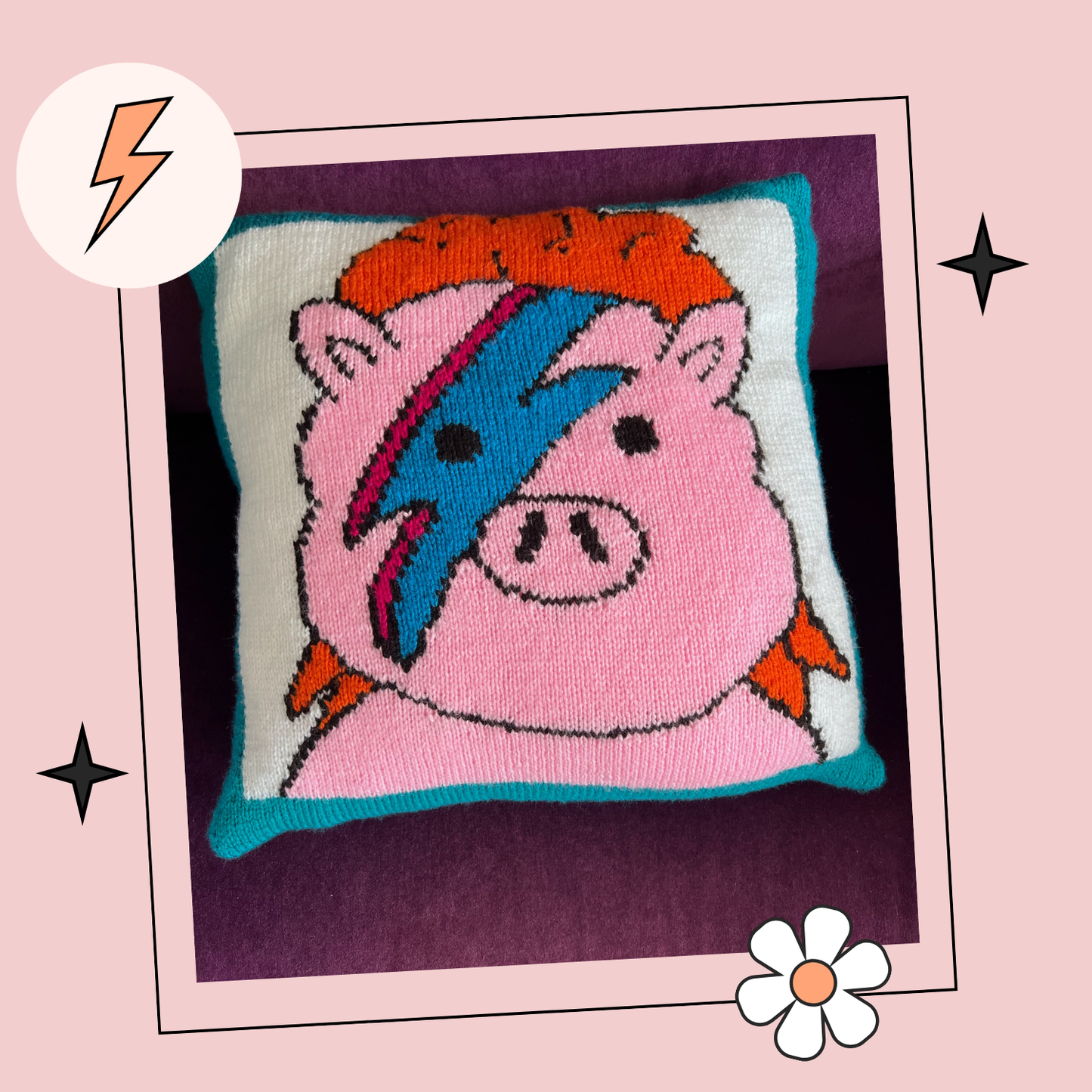 Piggy Stardust, Funny Music Pun Intarsia Cushion - Knitting Pattern