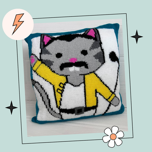 Freddie Purrcury Cat Cushion, Music Pun Intarsia Cushion - Knitting Pattern