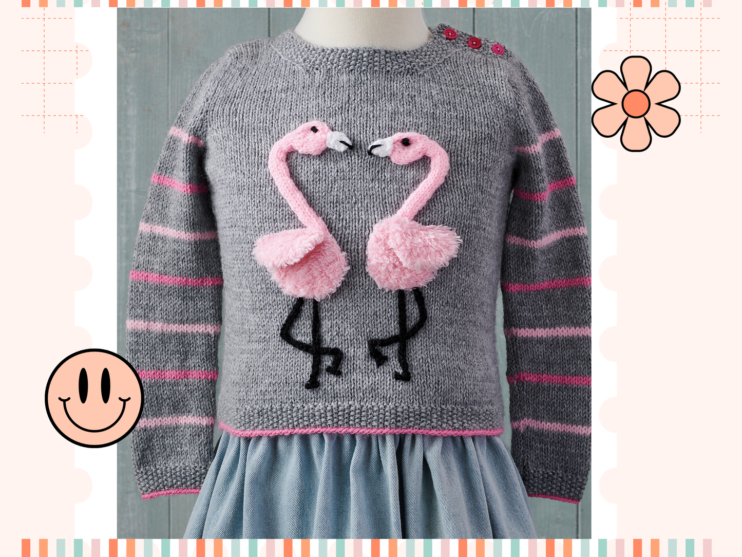 Fluffy Flamingos, Simple Kids Jumper with Applique Flamingos - Knitting Pattern