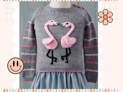 Fluffy Flamingos, Simple Kids Jumper with Applique Flamingos - Knitting Pattern