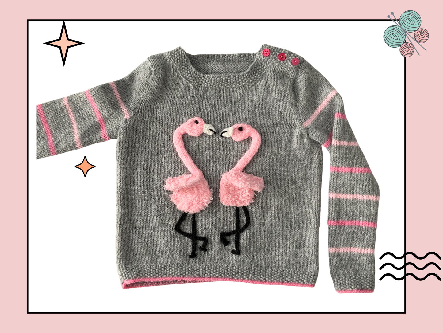 Fluffy Flamingos, Simple Kids Jumper with Applique Flamingos - Knitting Pattern