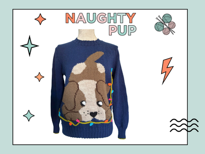 Naughty Pup, Adult Intarsia Dog Christmas Jumper - Knitting Pattern