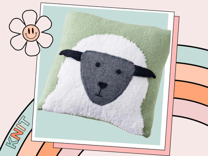 knitted cushion with a fluffy sheep, lamb on the front, knitting pattern download jane burns