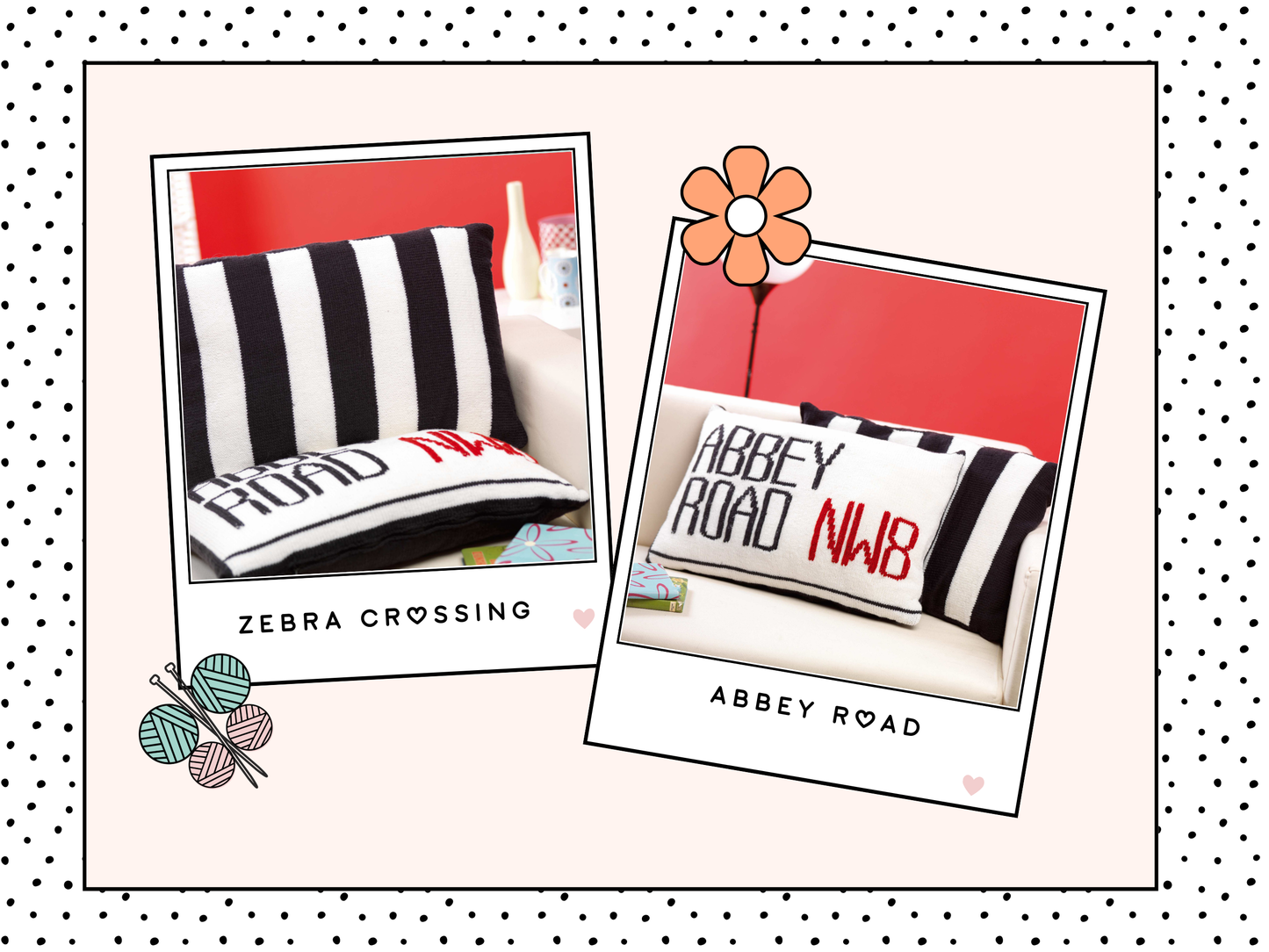 Image shows two knitted cushions one showing the abbey road street sign and behind it a second black and white striped cushion looking like the zebra crossing from the beatles music album knitting pattern by jane burns