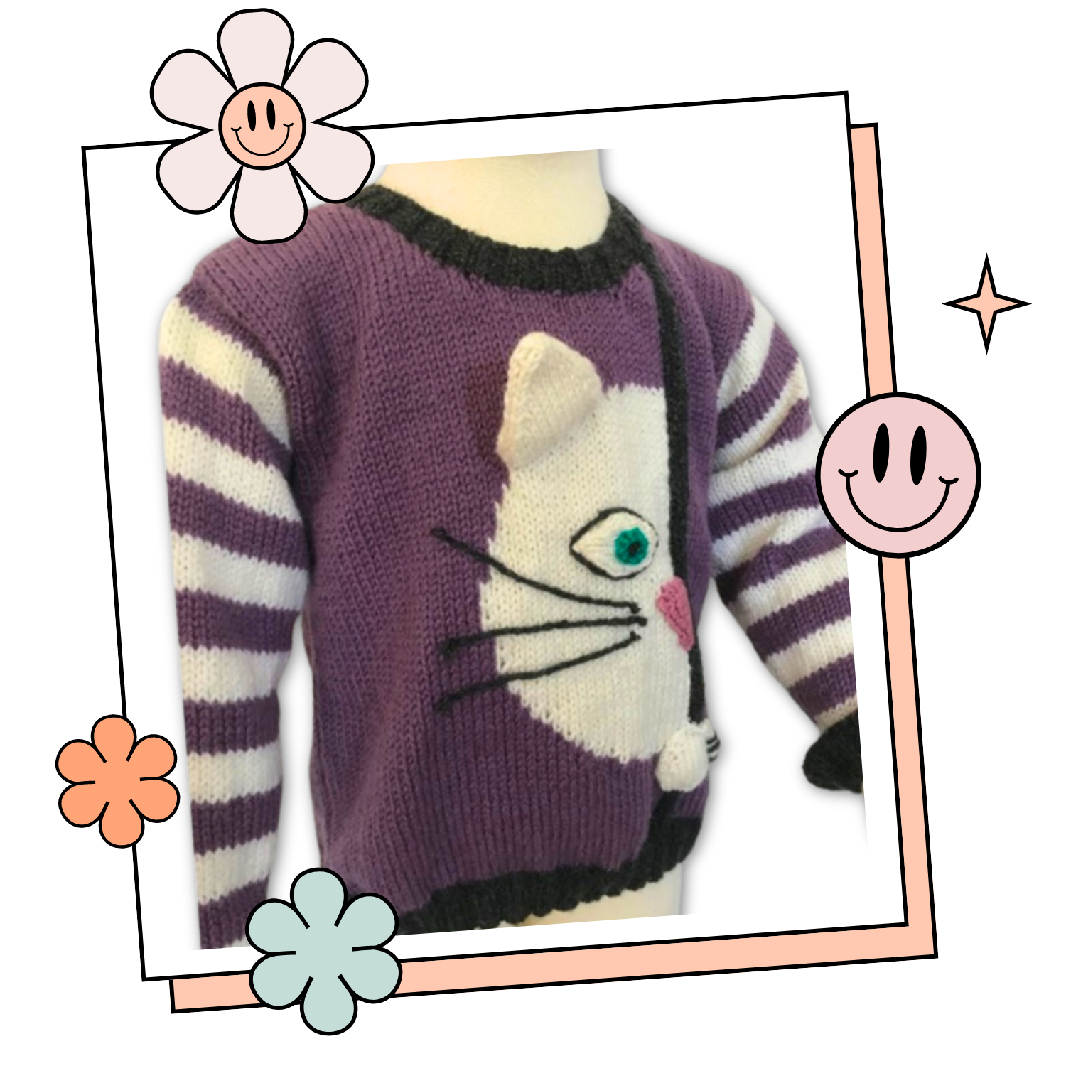 peek a boo kitty, cat jumper knitting pattern by jane burns, kids sweater knitting pattern download