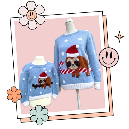 Sleepy Sloth Intarsia Christmas Sweater Knitting Pattern - Adult