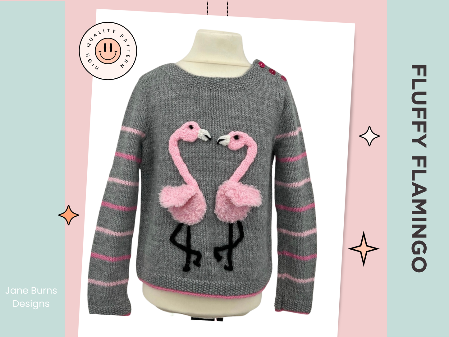 Fluffy Flamingos, Simple Kids Jumper with Applique Flamingos - Knitting Pattern