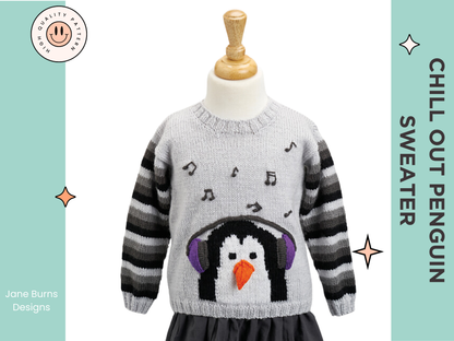 knitting pattern pdf, kids sweater knitting pattern, penguin christmas jumper for kids, jane burns, christmas jumper, penguin