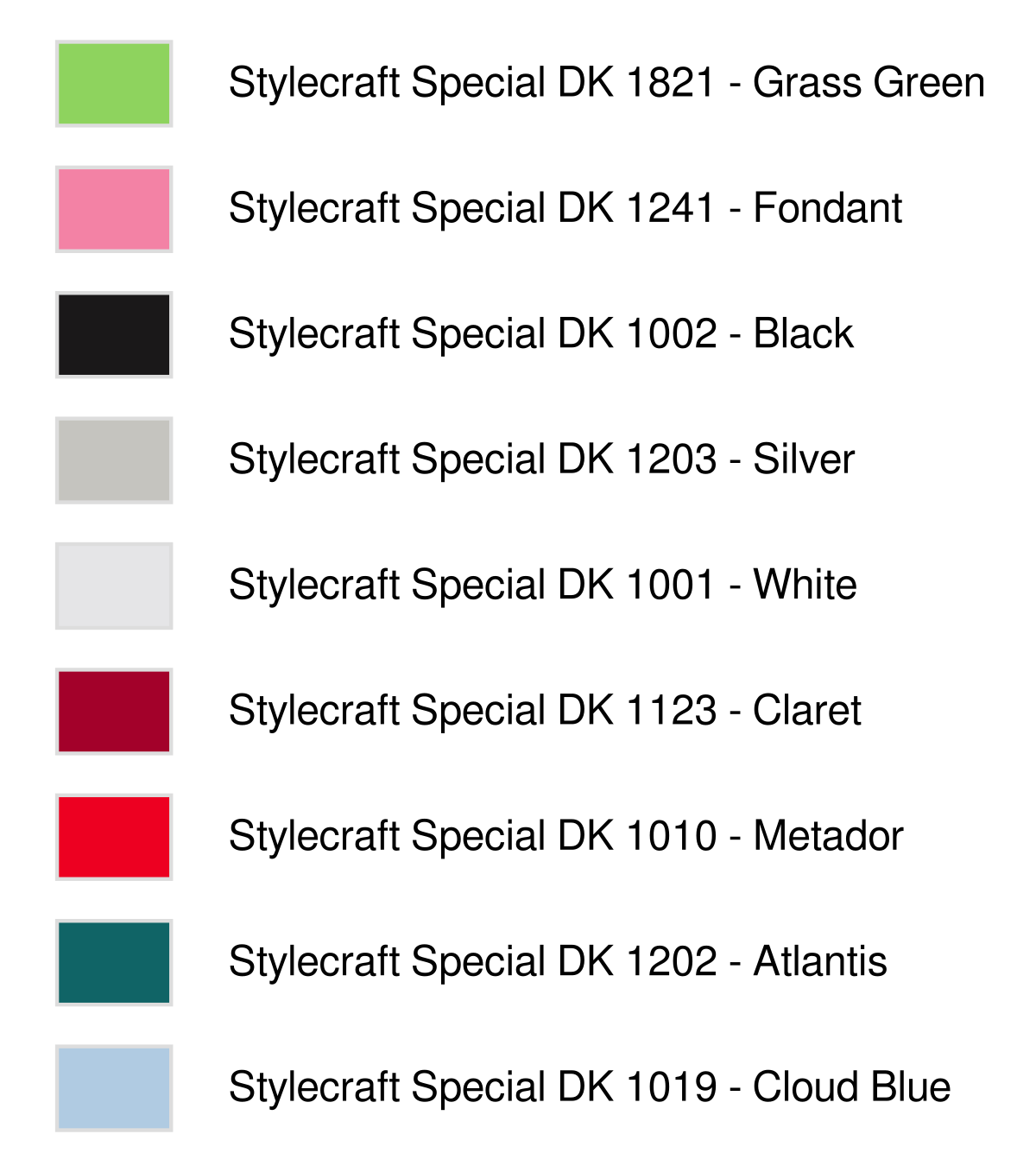 Colour legend for Three Wise Gnomes knitting chart, Stylecraft Special DK shades including Grass Green, Claret, Metador, Atlantis and Cloud Blue