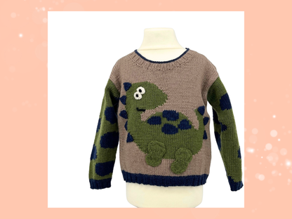 Dinosaur jumper knitting pattern, kids sweater with Dino motif and animal print sleeves. Intarsia knitting pattern for children’s jumper. Jane Burns Designs