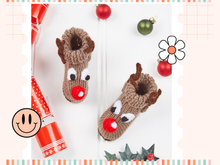 Load image into Gallery viewer, reindeer booties with eyes and large red nose. antlers. brown reindeer booties for baby, boys and girls, baby shoes knitting pattern
